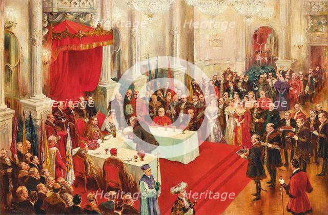 Ceremonial coronation banquet in the Budapest Hofburg with the newly crowned royal...1916, 1917. Creator: Schwormstädt, Felix (1870-1938).