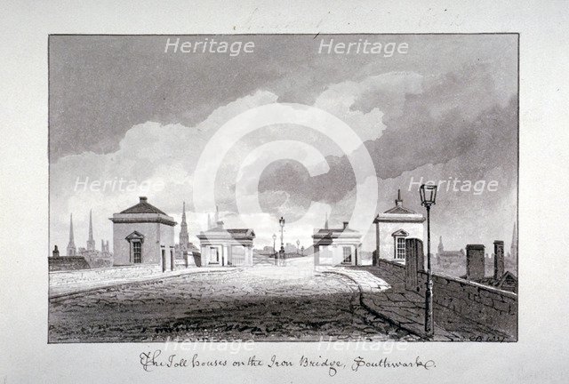 Toll houses on Southwark Bridge, London, 1827.             Artist: John Chessell Buckler