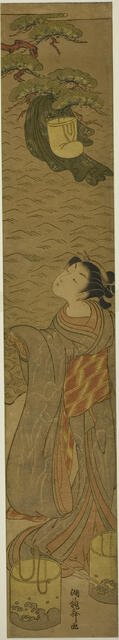 Parody of Matsukaze dancing beneath Yukihira's robe, c. 1771. Creator: Isoda Koryusai.