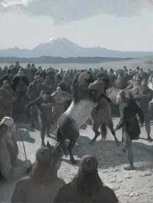The Story of Burnt Njáll: The Horse-Fight at Hliðarendi, 1880s. Creator: Malmström, August (1829-1901).