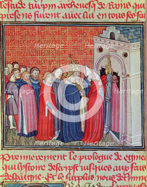 Charlemagne crowned Emperor of the West (800-814) enters in a church followed by prelates. Miniat…