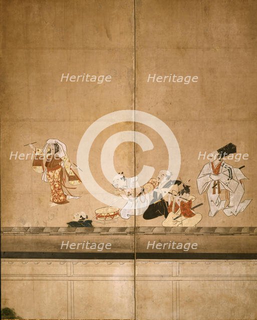 Six-fold screen depicting acrobats performing before a rich household, early - mid-17th century. Creator: Unknown.