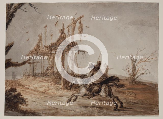 Horseman in a Landscape of Hanged and Gibbeted Men, c1800. Creator: Henry William Bunbury.