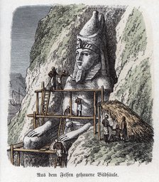 Ancient History. Egypt. Statue carved on a rock. German engraving, 1865.