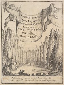Frontispiece for 'The Cypress Forest' (La selva di cipressi): two putti hold a tapestry in..., 1640. Creator: Stefano della Bella.