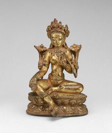 Goddess Green Tara Seated with Hand in Gesture of Gift Giving (Varadamudra), 14th century. Creator: Unknown.