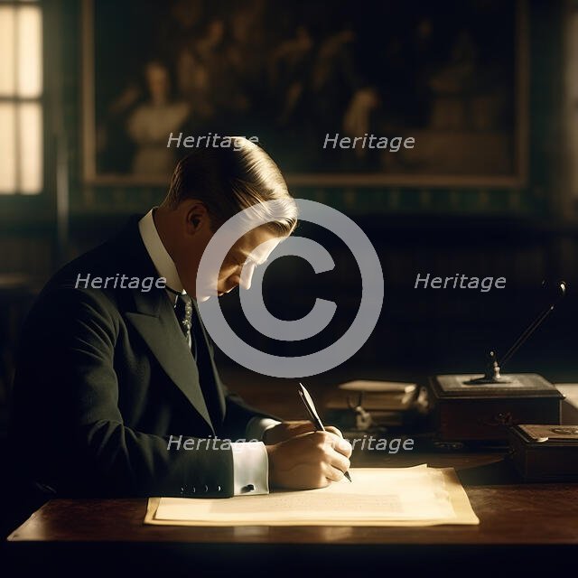 AI IMAGE - Portrait of King Edward VIII signing the Instrument of Abdication, 1936, (2023).  Creator: Heritage Images.