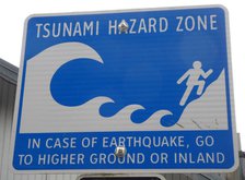 Tsunami warning road sign, British Columbia, Canada 2018. Creator: Unknown.
