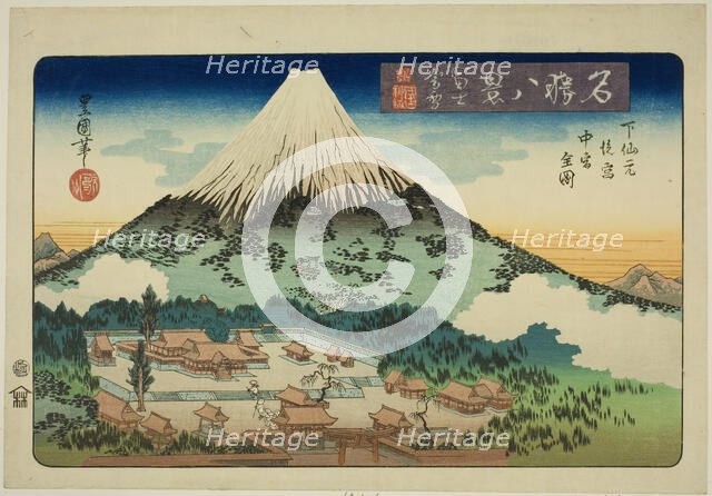 Evening Snow on Mount Fuji, Complete View of the Inner and Middle Shrines at Shimo ..., c. 1833/34. Creator: Utagawa Toyokuni II.