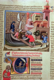 Shipment of goods on a boat and illuminated initial letter with a sailor in a boat, miniature in …