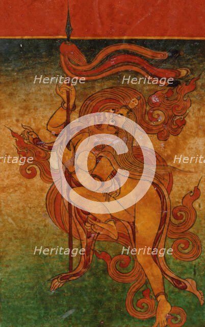 Yellow Yami (?) with Spear, Nyingmapa Buddhist or Bon Ritual Card, 18th-19th century. Creator: Unknown.