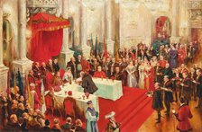 Ceremonial coronation banquet in the Budapest Hofburg with the newly crowned royal...1916, 1917. Creator: Schwormstädt, Felix (1870-1938).