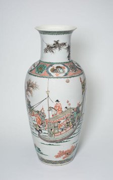 Vase with Bamboo, Auspicious Symbols, and Military and Civilian Figures..., Qing dynasty, (1662-1722 Creator: Unknown.