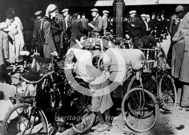 Belgian refugees with their bicycles and possessions outside the Gare du Nord, Paris, July 1940. Artist: Unknown