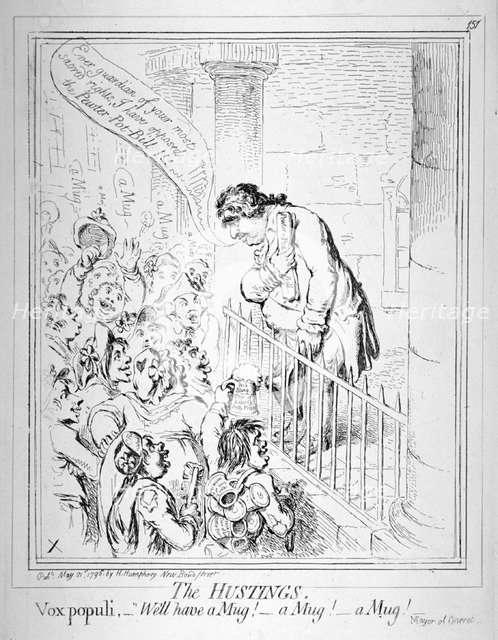 'The Hustings. Vox populi, We'll have a mug! a mug! a mug!', 1796.                     Artist: Anon