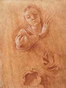 Studies of the Virgin, Drapery, and the Hand of Saint John the Baptist Holding a Shell, c1628. Creator: Tanzio da Varallo.