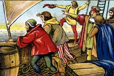 Scene of the discovery of America, sailors of the caravel 'La Pinta' crying 'Land ho', color engr…