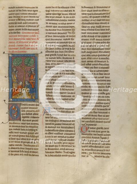 Lamorat Finds a Knight and a Woman Sleeping and Speaks to Gawain, about 1320-1340. Creator: Unknown.