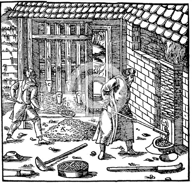 Stamping and roasting ore to extract metal, 1556. Artist: Unknown