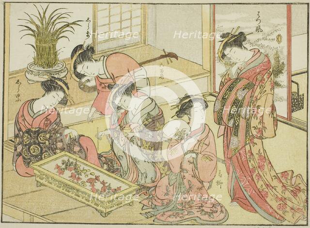 Courtesans of the Wakanaya, from the book "Mirror of Beautiful Women of the Pleasure..., 1776. Creator: Shunsho.