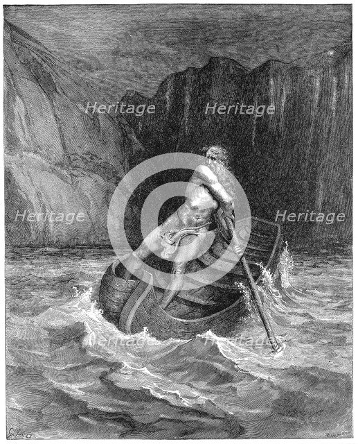 Charon the ferryman rowing to collect Dante and Virgil, to carry them across the Styx, 1861. Artist: Gustave Doré