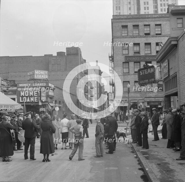 General view of army and crowds, Salvation Army, San Francisco, California, 1939. Creator: Dorothea Lange.