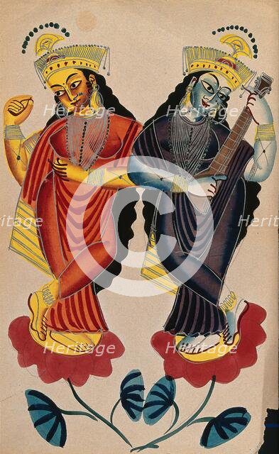 Hindu goddesses Lakshami and Saraswati playing castanets and a tambura. Creator: Unknown.