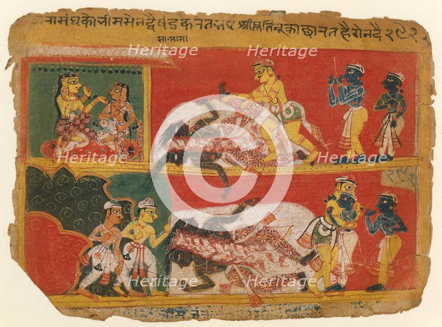 Bhima Slays Jarasandha: Page from a Bhagavata Purana Manuscript, ca. 1540. Creator: Unknown.
