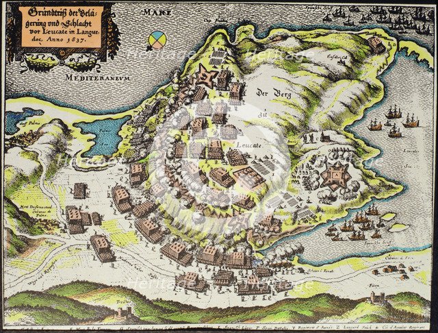War of Roussillon. (1635-1639), siege and Battle of the Castle of Leucata Cape, engraving.