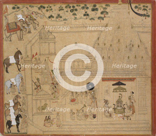 Maharana Amar Singh of Mewar at the Eklingji temple, c1705. Artist: Unknown.