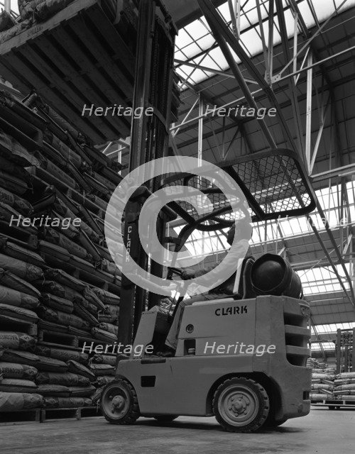 A Clark forklift truck, Spillers Animal Foods, Gainsborough, Lincolnshire, 1962. Artist: Michael Walters