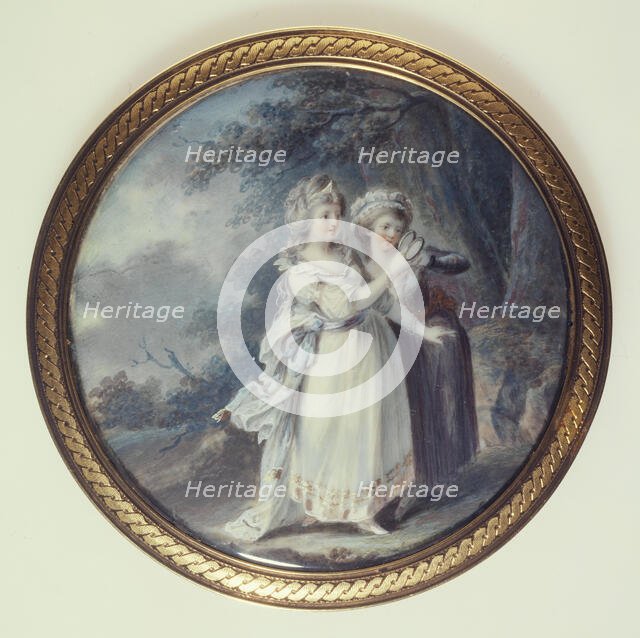 Two women in a park looking at a medallion, c1785. Creator: Ecole Francaise.