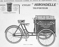 Hirondelle Saint Etienne delivery tricycle advertisement, 20th century. Artist: Unknown