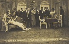 French or Belgian prisoners of war, some in drag, posing on stage during a crowded scene..., [1918?] Creator: Unknown.