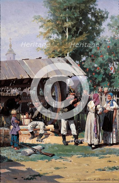 Russian Soldiers in a Country Village, 1877. Artist: Dmitriev-Orenburgsky, Nikolai Dmitrievich (1837-1898)