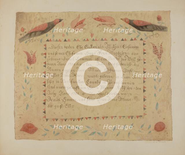 Pa. German Birth Certificate, c. 1940. Creator: Ethelbert Brown.