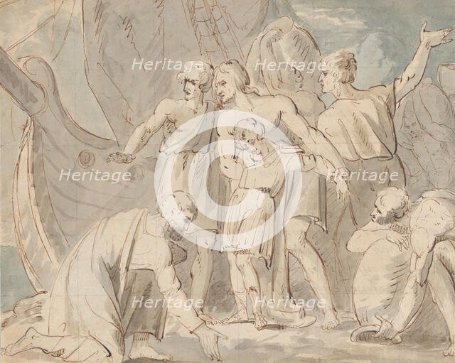 Historical Subject with Men and a Boy Near a Ship (recto)..., 1770-80. Creator: William Hamilton.