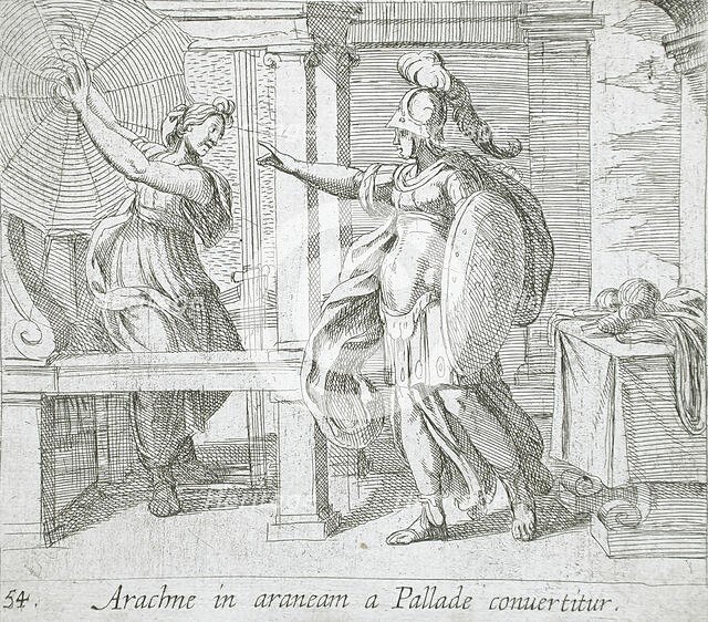 Athena Changing Arachne into a Spider, published 1606. Creators: Antonio Tempesta, Wilhelm Janson.
