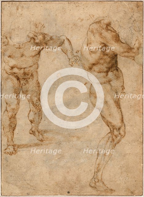 Two Nude Studies of a Man Storming Forward and Another Turning to the Right, c. 1504. Artist: Buonarroti, Michelangelo (1475-1564)