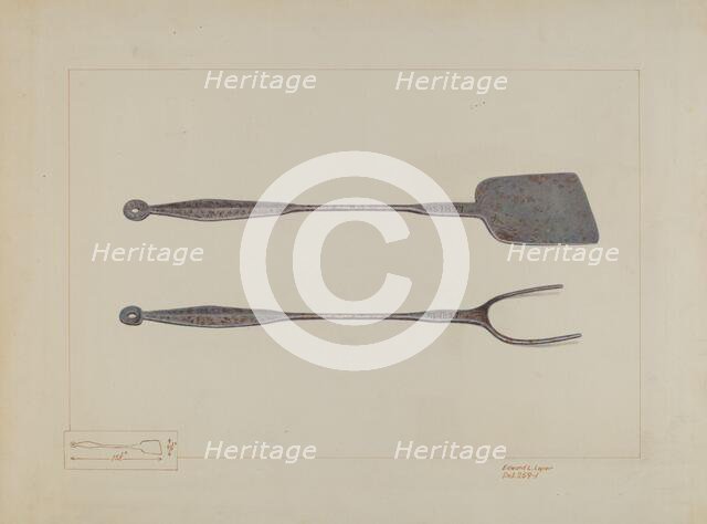 Griddlecake Turner and Fork, c. 1937. Creator: Edward L Loper.