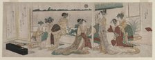 Tsukasa and Other Courtesans of the Ogiya Watching the Autumn Moon Rise..., 1799. Creator: Katsushika Hokusai (Japanese, 1760-1849).