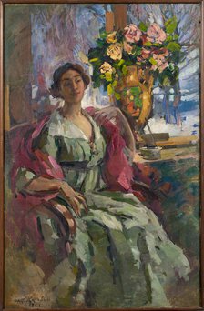 Woman with bouquet of roses, 1921.