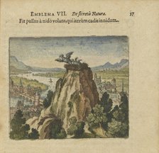 Emblem 7. The young bird flies from the nest and falls back into the nest, 1618. Creator: Merian, Matthäus, the Elder (1593-1650).
