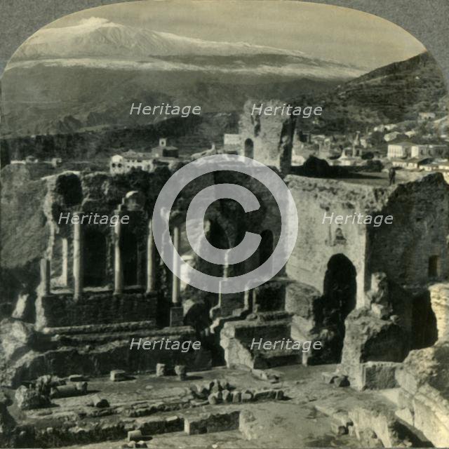'From the Ruins of Taormina's Ancient Greek Theater to Snow-capped Mt. Etna, Sicily', c1930s. Creator: Unknown.