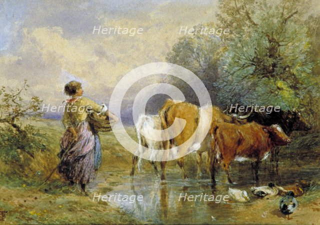 'A Girl driving Cattle across a Stream', 19th century. Creator: Birket Foster.