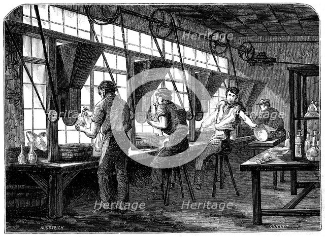 Glass cutters at their wheels, c1870. Artist: Unknown