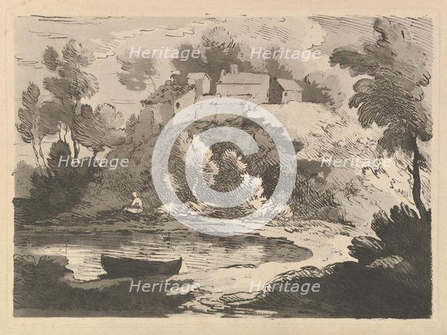 Hilly River Landscape, a Boat in the Water at Foreground Left, a Figure on the Far Shor..., 1783-84. Creator: Thomas Rowlandson.
