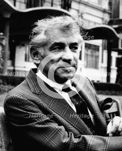 Leonard Bernstein (1918-1990), American composer, outside the Savoy Hotel, London. Artist: Unknown