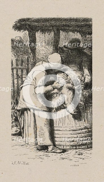 Woman Shearing Sheep, 1853, after drawing made in 1852. Creator: Jacques-Adrien Lavieille.