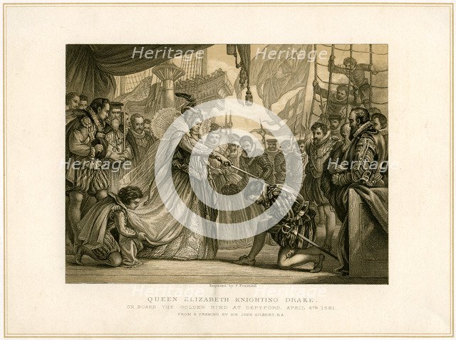 'Queen Elizabeth Knighting Drake on board the Golden Hind..., April 4th 1581', (19th century). Artist: F Fraenkel